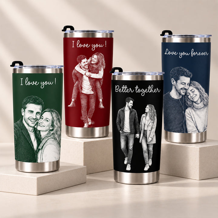Personalized Couple Photo Line Art Tumbler with Straw Custom Outline Stainless Steel Insulated Travel Coffee Mug Romantic Anniversary Birthday Gift for Him Her