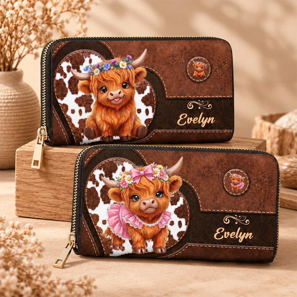Personalized Cute Cartoon Highland Cow PU Leather Wallet Custom Name Long Zip Around Card Holder Large Capacity Birthday Anniversary Gift