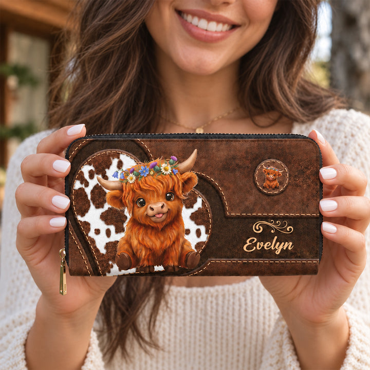 Personalized Cute Cartoon Highland Cow PU Leather Wallet Custom Name Long Zip Around Card Holder Large Capacity Birthday Anniversary Gift