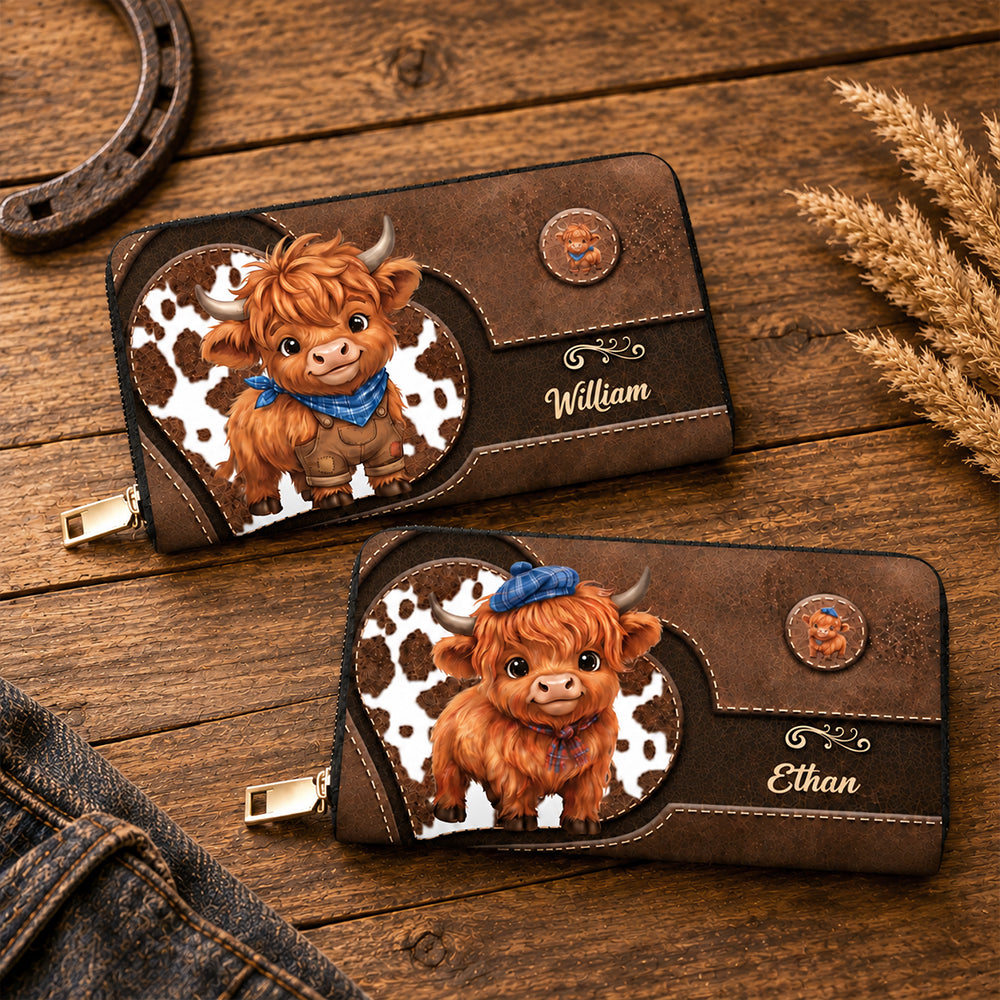 Personalized Cute Cartoon Highland Cow PU Leather Wallet Custom Name Long Zip Around Card Holder Large Capacity Birthday Anniversary Gift