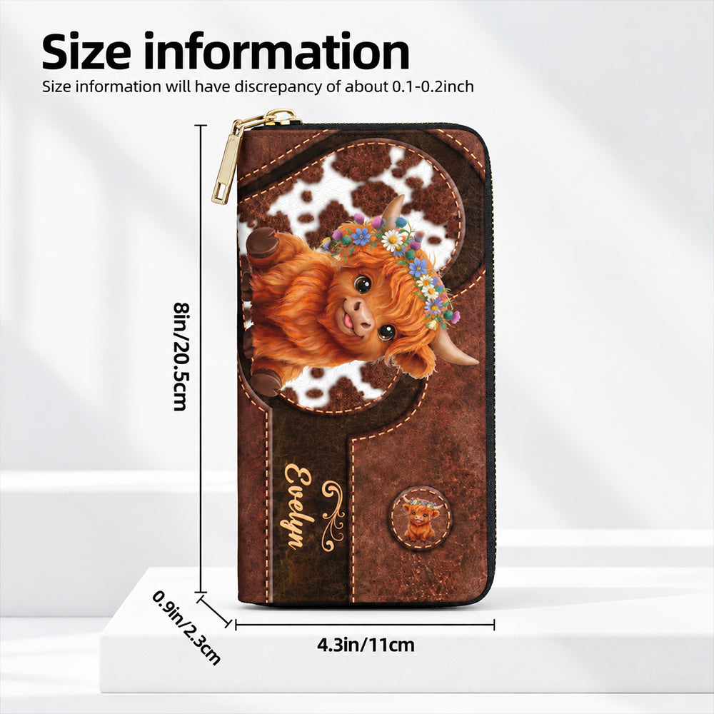Personalized Cute Cartoon Highland Cow PU Leather Wallet Custom Name Long Zip Around Card Holder Large Capacity Birthday Anniversary Gift