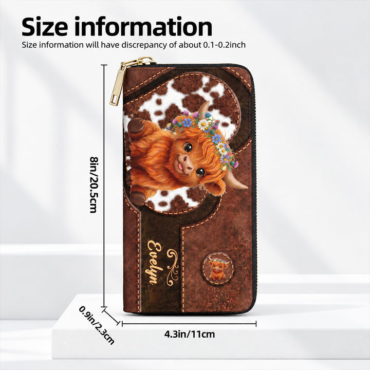 Personalized Cute Cartoon Highland Cow PU Leather Wallet Custom Name Long Zip Around Card Holder Large Capacity Birthday Anniversary Gift