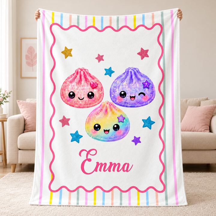 Personalized Cute Striped Dumpling Squishy Throw Blanket with Name Custom Plush Soft Fleece Blanket Gift for Girl Daughter