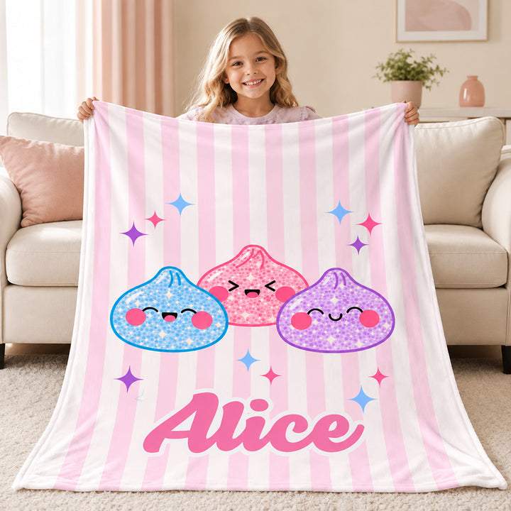 Personalized Cute Striped Dumpling Squishy Throw Blanket with Name Custom Plush Soft Fleece Blanket Gift for Girl Daughter