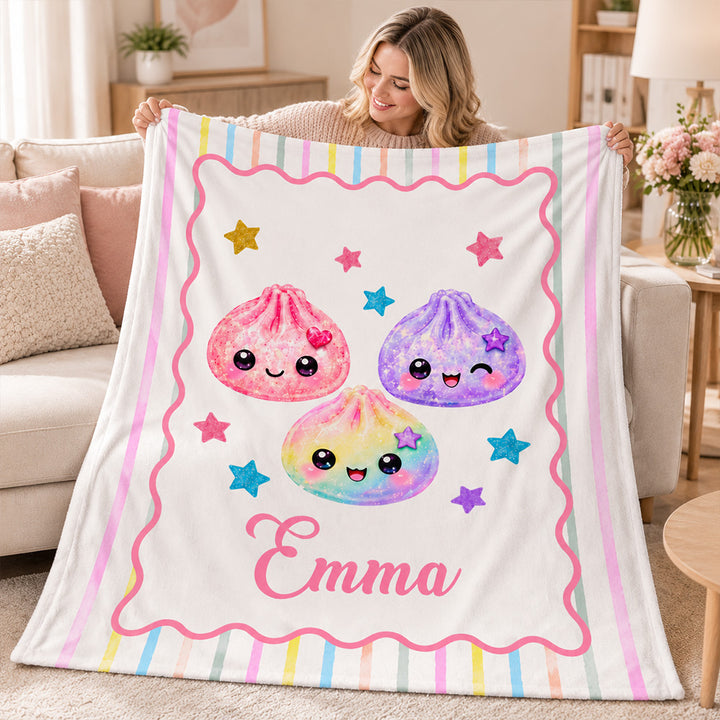 Personalized Cute Striped Dumpling Squishy Throw Blanket with Name Custom Plush Soft Fleece Blanket Gift for Girl Daughter