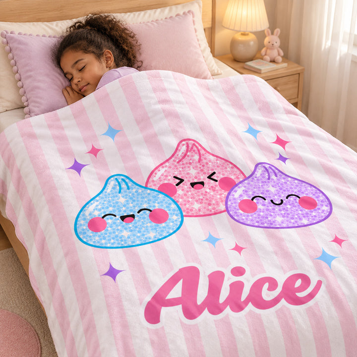 Personalized Cute Striped Dumpling Squishy Throw Blanket with Name Custom Plush Soft Fleece Blanket Gift for Girl Daughter