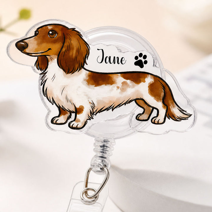 Personalized Dachshund Retractable Badge Reel Custom Name Acrylic ID Holder Birthday Appreciation Gifts For Nurse Veterinarian Pet Lover