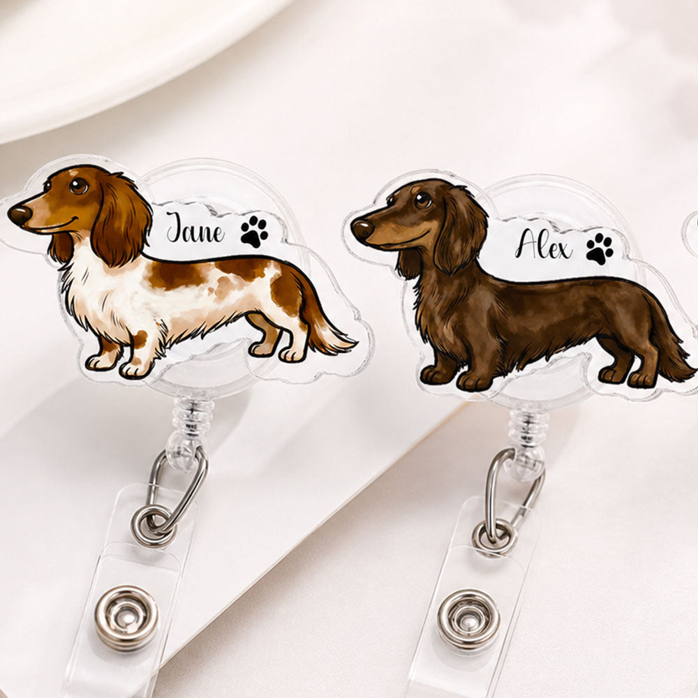 Personalized Dachshund Retractable Badge Reel Custom Name Acrylic ID Holder Birthday Appreciation Gifts For Nurse Veterinarian Pet Lover