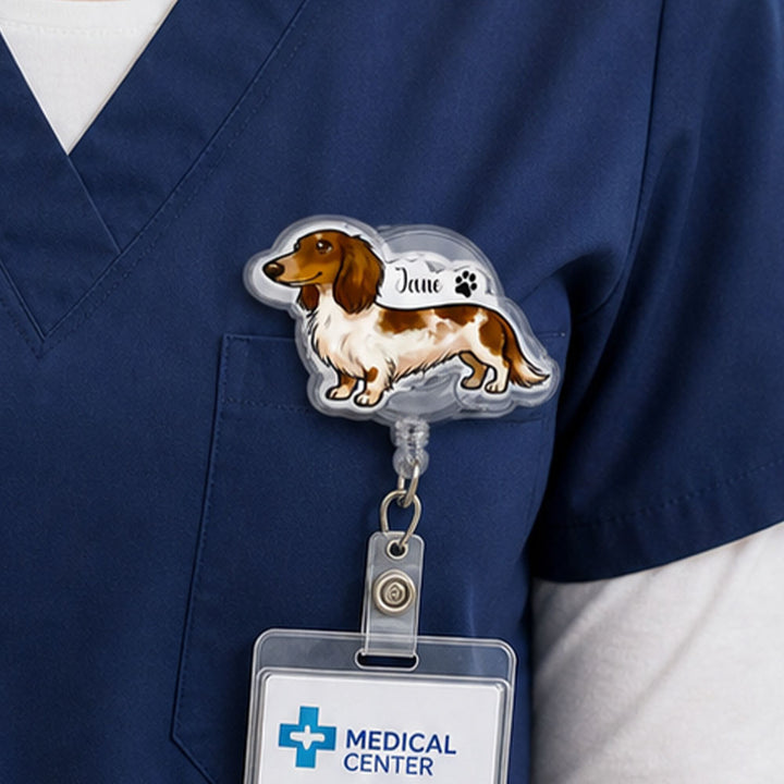 Personalized Dachshund Retractable Badge Reel Custom Name Acrylic ID Holder Birthday Appreciation Gifts For Nurse Veterinarian Pet Lover