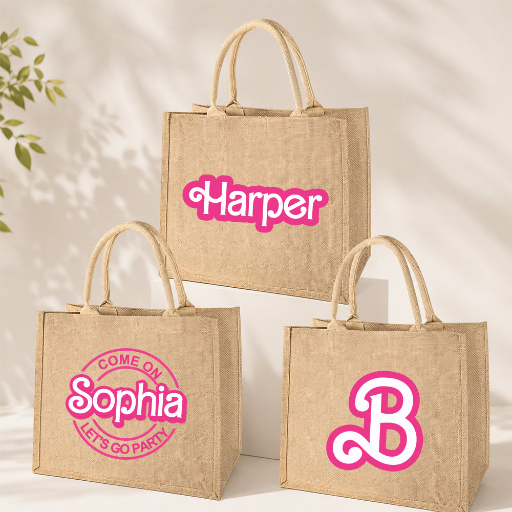 Personalized Doll Inspired Jute Tote Bag Custom Name Travel Beach Carryall Monogram Shopping Bag Camping Gifts