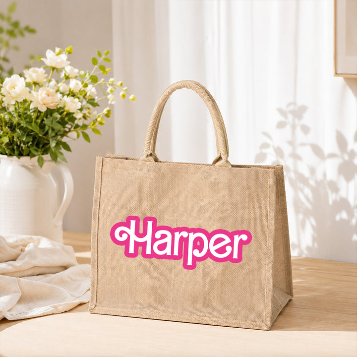 Personalized Doll Inspired Jute Tote Bag Custom Name Travel Beach Carryall Monogram Shopping Bag Camping Gifts