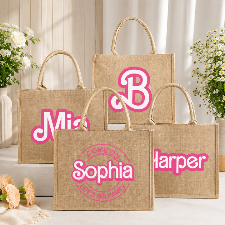 Personalized Doll Inspired Jute Tote Bag Custom Name Travel Beach Carryall Monogram Shopping Bag Camping Gifts