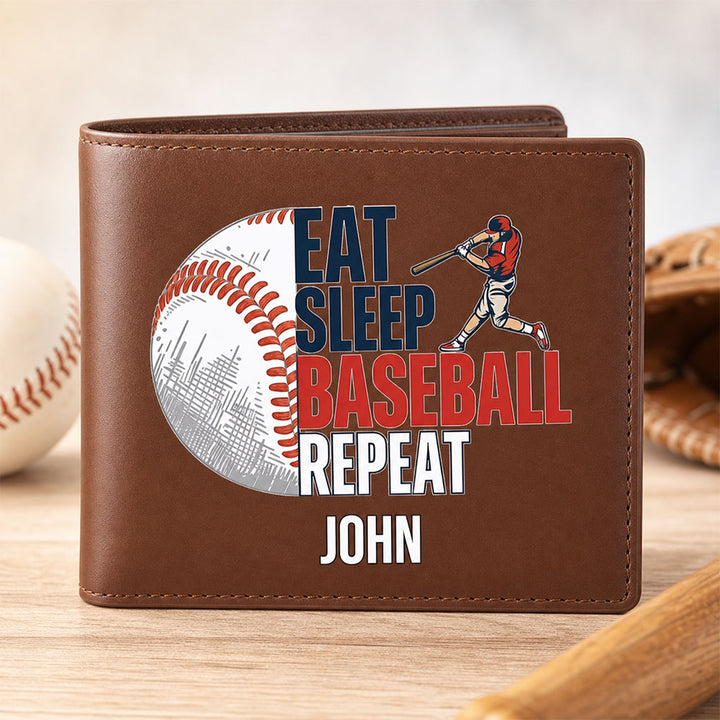 Personalized Eat Sleep Baseball Repeat PU Leather Men Wallet Custom Name Birthday Father&