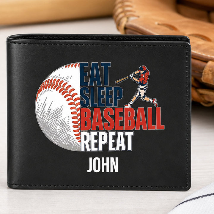 Personalized Eat Sleep Baseball Repeat PU Leather Men Wallet Custom Name Birthday Father&