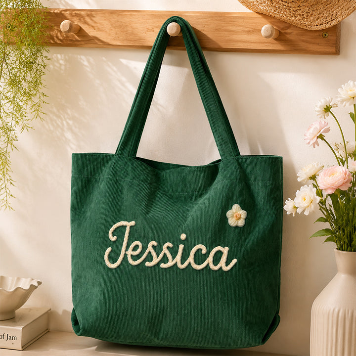 Personalized Embroidered Corduroy Tote Bag with Zipper Custom Gift For Her Summer Shoulder Bag