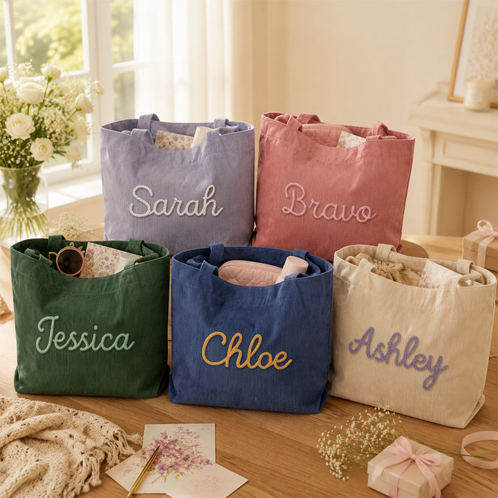 Personalized Embroidered Corduroy Tote Bag with Zipper Custom Gift For Her Summer Shoulder Bag
