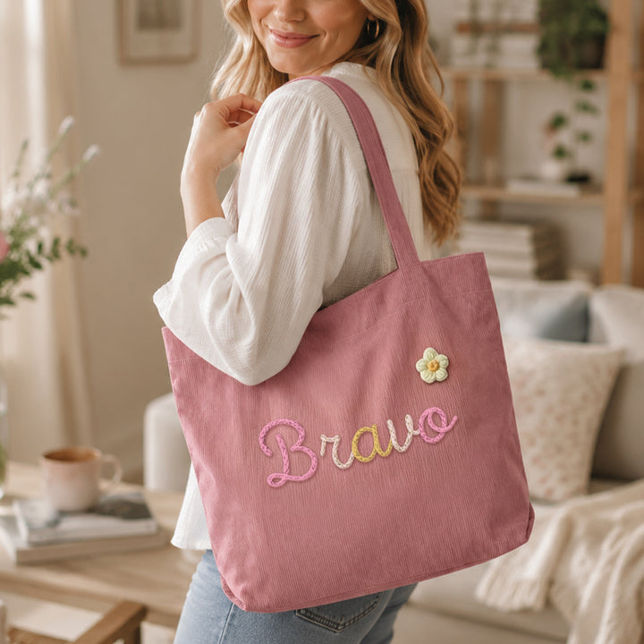 Personalized Embroidered Corduroy Tote Bag with Zipper Custom Gift For Her Summer Shoulder Bag