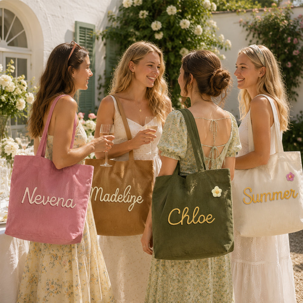 Personalized Embroidered Corduroy Tote Bag with Zipper Custom Gift For Her Summer Shoulder Bag