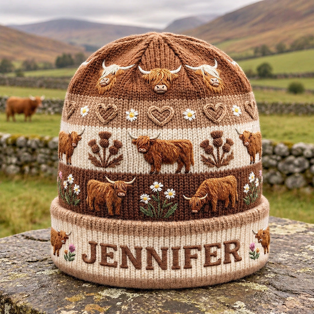 Personalized Embroidered Highland Cow Knitted Beanie Custom Name Baby Cow Lover Hat Rustic Farmhouse Farmer Gift Cute Winter Unisex Gift for Men Women