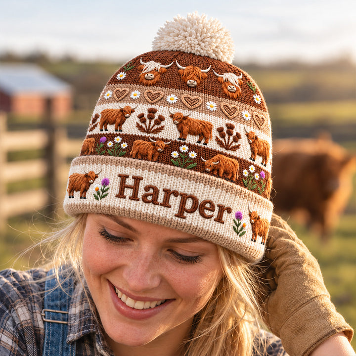 Personalized Embroidered Highland Cow Knitted Beanie Custom Name Baby Cow Lover Hat Rustic Farmhouse Farmer Gift Cute Winter Unisex Gift for Men Women