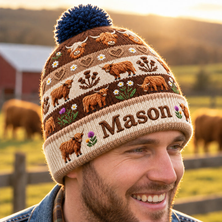 Personalized Embroidered Highland Cow Knitted Beanie Custom Name Baby Cow Lover Hat Rustic Farmhouse Farmer Gift Cute Winter Unisex Gift for Men Women