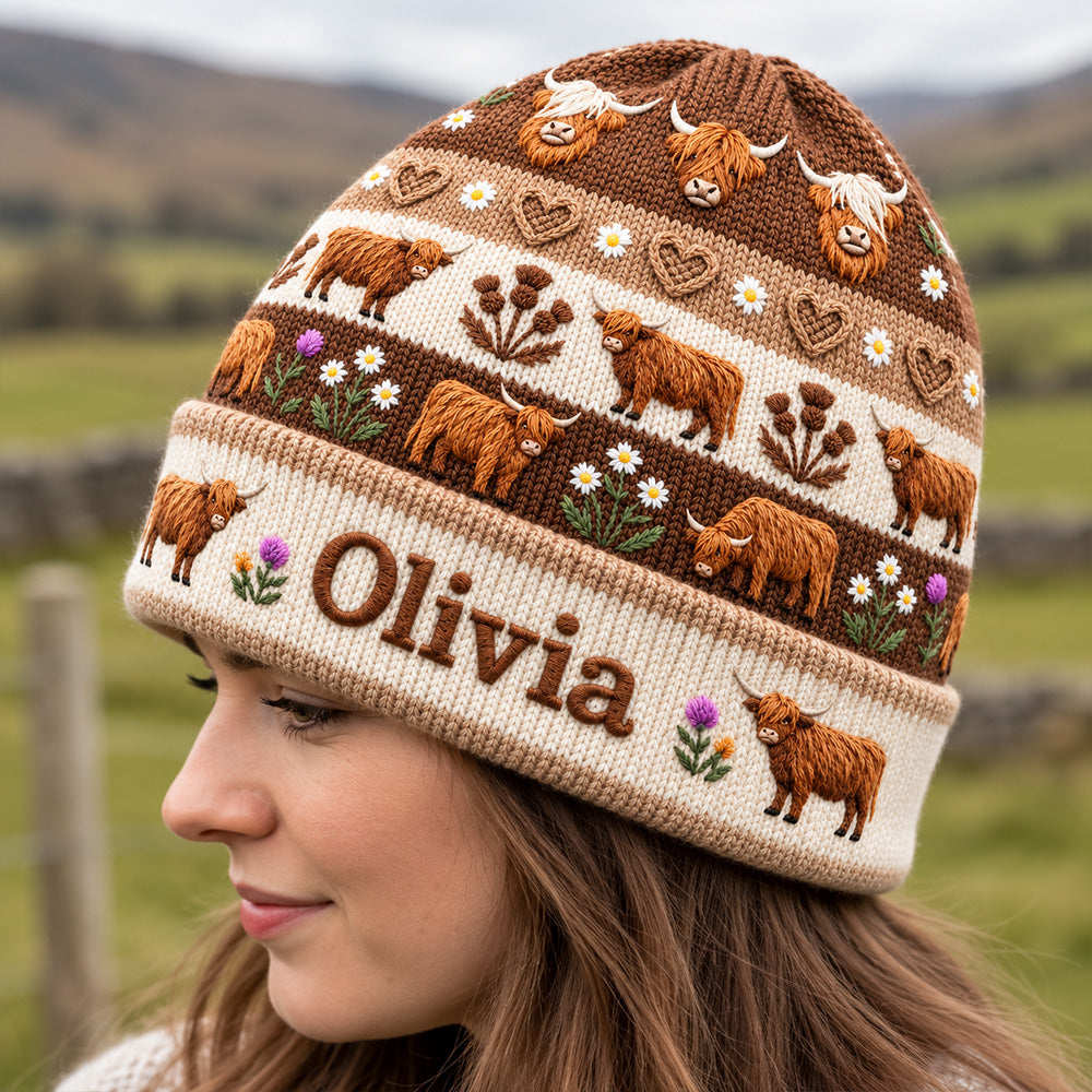 Personalized Embroidered Highland Cow Knitted Beanie Custom Name Baby Cow Lover Hat Rustic Farmhouse Farmer Gift Cute Winter Unisex Gift for Men Women