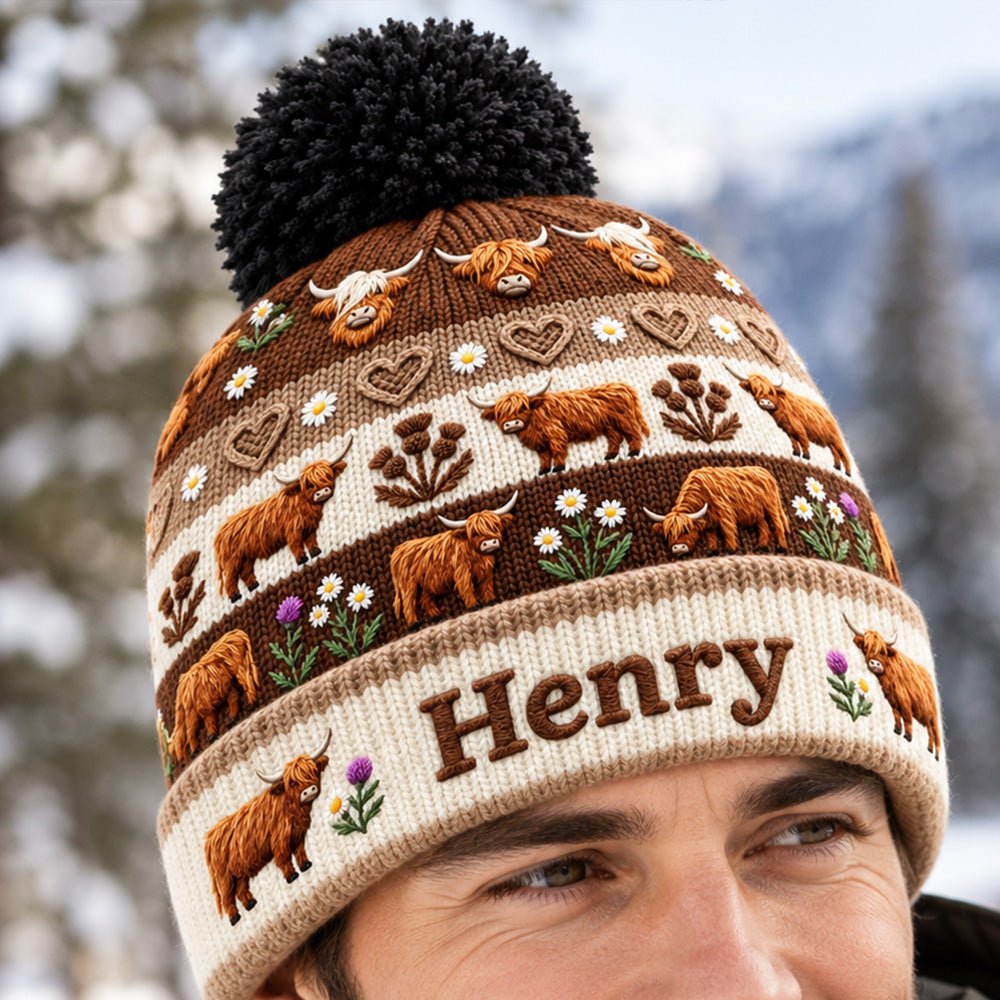 Personalized Embroidered Highland Cow Knitted Beanie Custom Name Baby Cow Lover Hat Rustic Farmhouse Farmer Gift Cute Winter Unisex Gift for Men Women