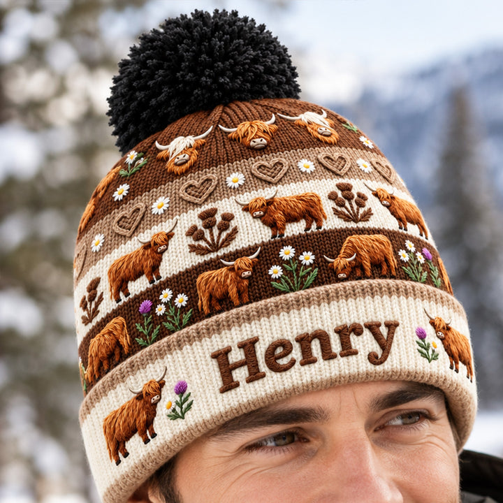 Personalized Embroidered Highland Cow Knitted Beanie Custom Name Baby Cow Lover Hat Rustic Farmhouse Farmer Gift Cute Winter Unisex Gift for Men Women