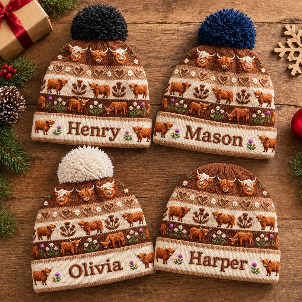 Personalized Embroidered Highland Cow Knitted Beanie Custom Name Baby Cow Lover Hat Rustic Farmhouse Farmer Gift Cute Winter Unisex Gift for Men Women