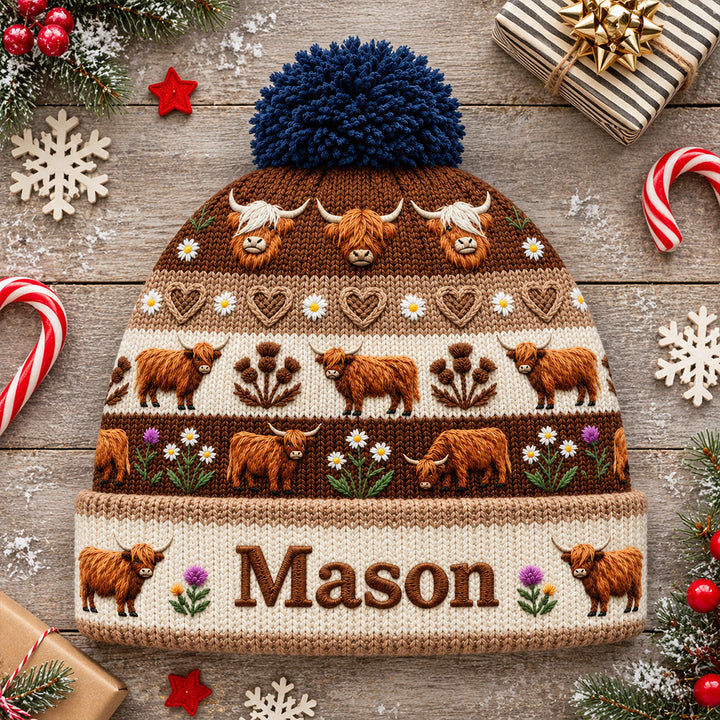 Personalized Embroidered Highland Cow Knitted Beanie Custom Name Baby Cow Lover Hat Rustic Farmhouse Farmer Gift Cute Winter Unisex Gift for Men Women