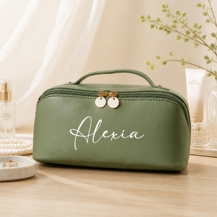 Personalized Embroidered Leather Makeup Bag Custom Name Cosmetic Bag Bridesmaid Proposal Gift Large Travel Toiletry Organizer Gift for Her
