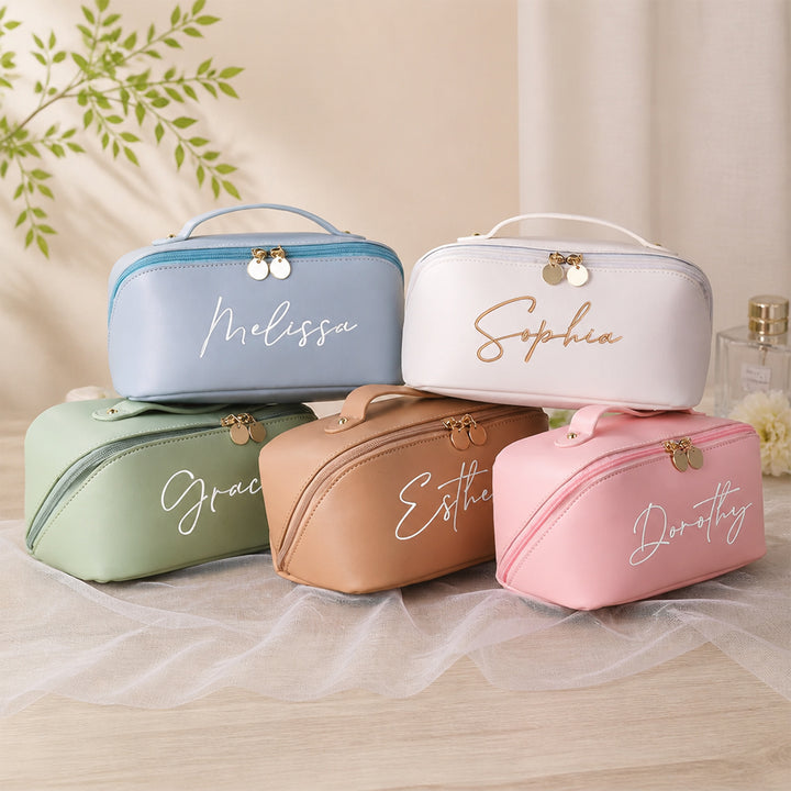 Personalized Embroidered Leather Makeup Bag Custom Name Cosmetic Bag Bridesmaid Proposal Gift Large Travel Toiletry Organizer Gift for Her