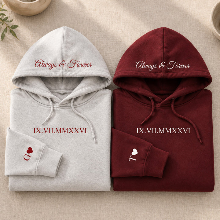 Personalized Embroidered Roman Numeral Date Couple Hoodie Sweatshirt Tee Anniversary Valentine Gift for Boyfriend Girlfriend