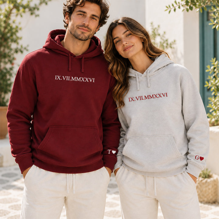 Personalized Embroidered Roman Numeral Date Couple Hoodie Sweatshirt Tee Anniversary Valentine Gift for Boyfriend Girlfriend