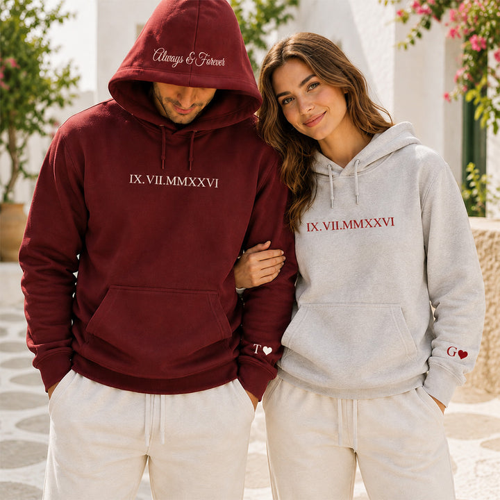 Personalized Embroidered Roman Numeral Date Couple Hoodie Sweatshirt Tee Anniversary Valentine Gift for Boyfriend Girlfriend