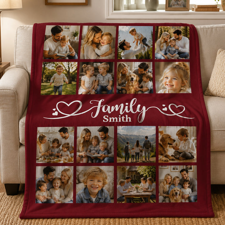 Personalized Family Memories Photo Blanket Custom 16 Picture Collage Blanket with Name Warm Cozy Throw Gift for Anniversary Housewarming Any Occasion