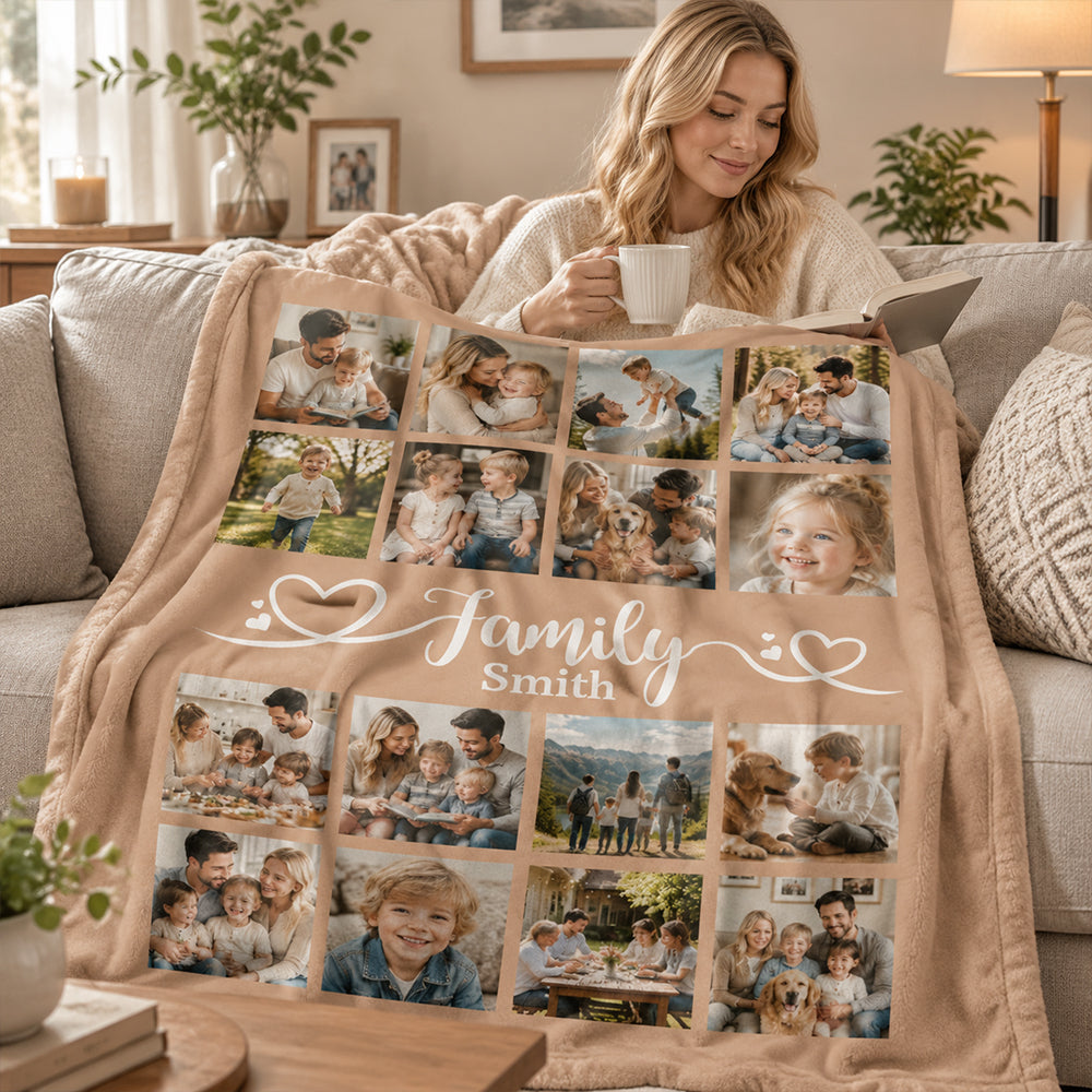 Personalized Family Memories Photo Blanket Custom 16 Picture Collage Blanket with Name Warm Cozy Throw Gift for Anniversary Housewarming Any Occasion