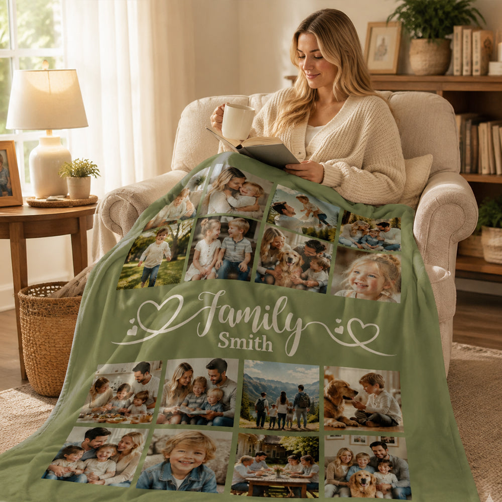 Personalized Family Memories Photo Blanket Custom 16 Picture Collage Blanket with Name Warm Cozy Throw Gift for Anniversary Housewarming Any Occasion
