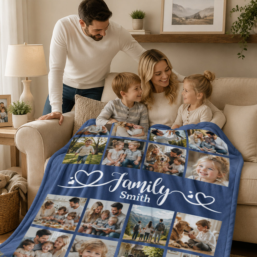 Personalized Family Memories Photo Blanket Custom 16 Picture Collage Blanket with Name Warm Cozy Throw Gift for Anniversary Housewarming Any Occasion