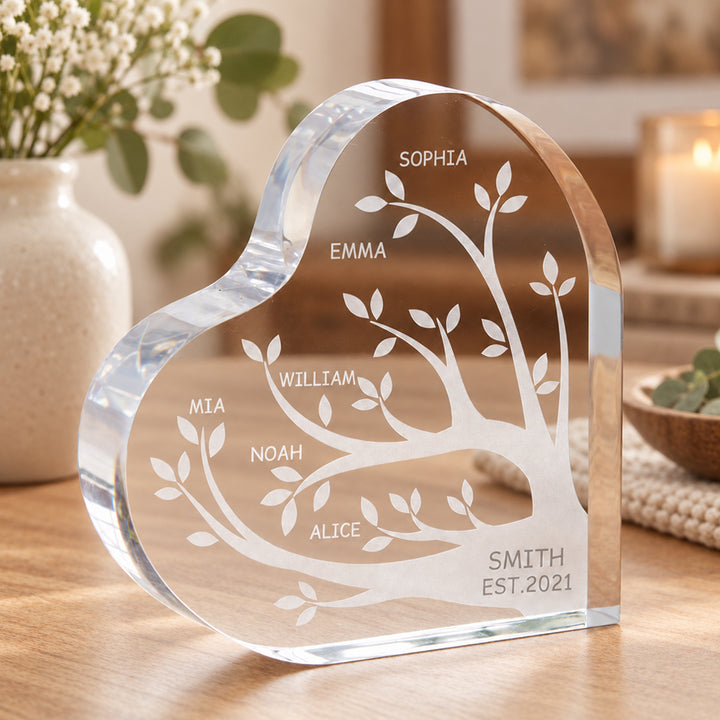 Personalized Family Tree Acrylic Plaque Custom Name Heart Keepsake Custom Family Member Names Desk Decor Gift for Mom Grandma Birthday Mother&