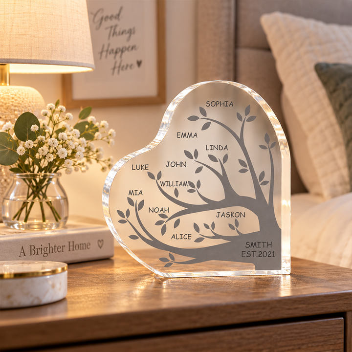 Personalized Family Tree Acrylic Plaque Custom Name Heart Keepsake Custom Family Member Names Desk Decor Gift for Mom Grandma Birthday Mother&