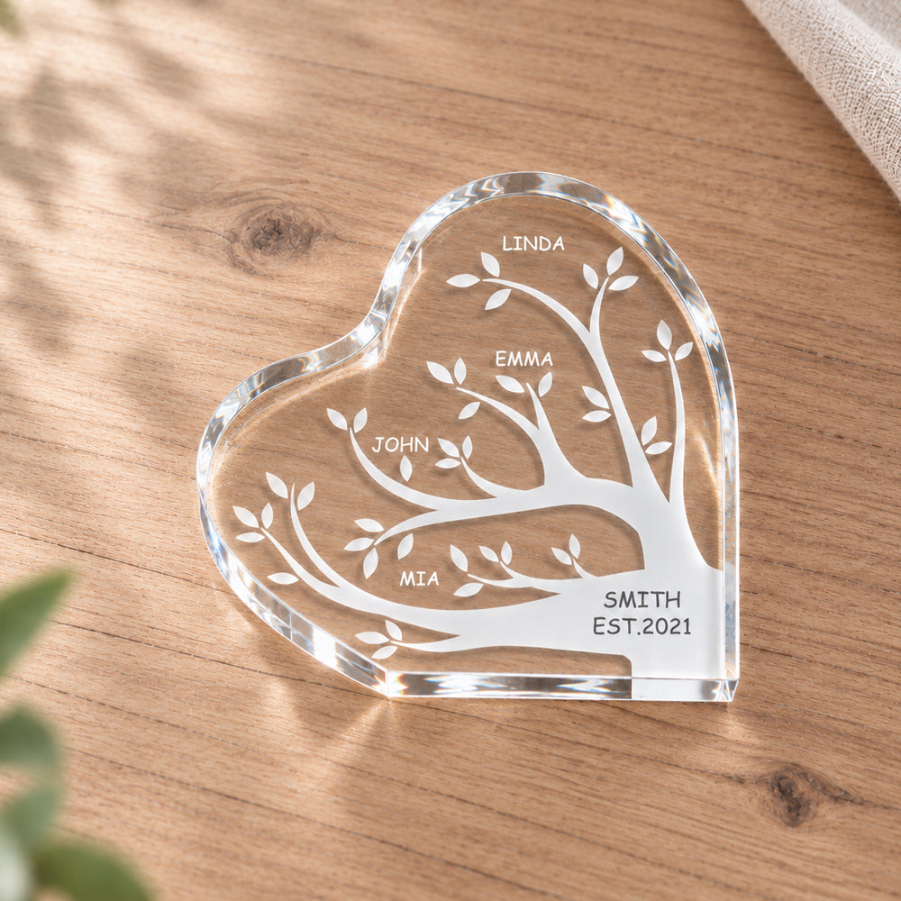 Personalized Family Tree Acrylic Plaque Custom Name Heart Keepsake Custom Family Member Names Desk Decor Gift for Mom Grandma Birthday Mother&
