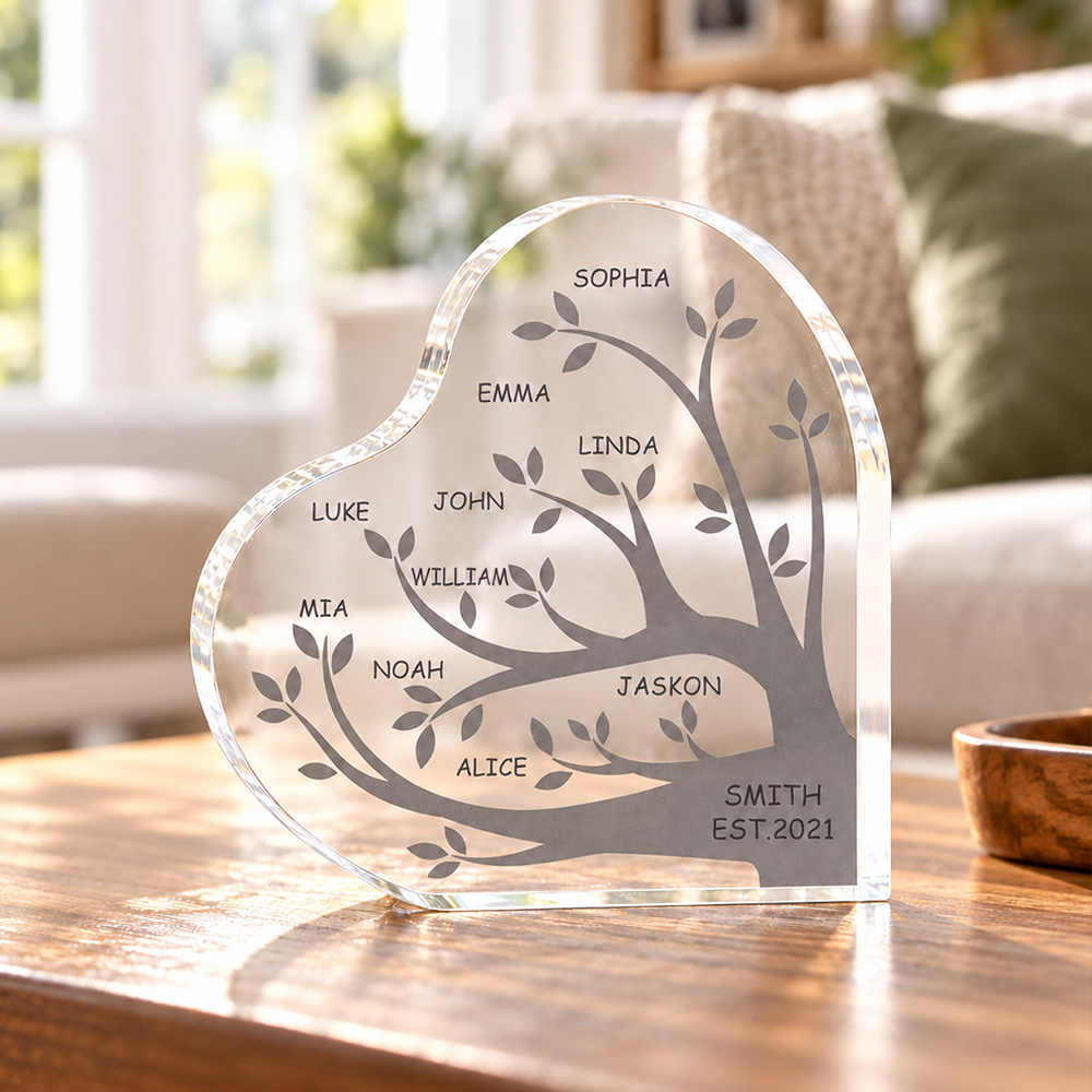 Personalized Family Tree Acrylic Plaque Custom Name Heart Keepsake Custom Family Member Names Desk Decor Gift for Mom Grandma Birthday Mother&