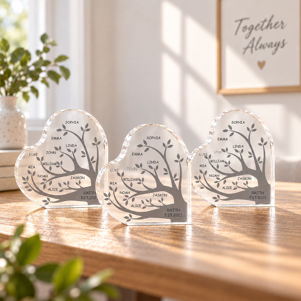 Personalized Family Tree Acrylic Plaque Custom Name Heart Keepsake Custom Family Member Names Desk Decor Gift for Mom Grandma Birthday Mother&