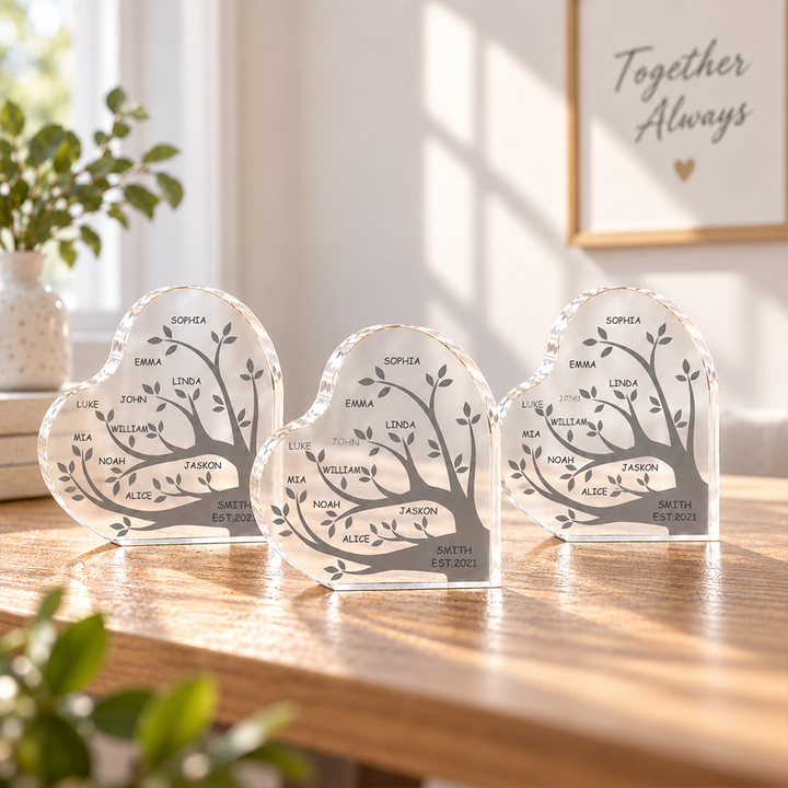 Personalized Family Tree Acrylic Plaque Custom Name Heart Keepsake Custom Family Member Names Desk Decor Gift for Mom Grandma Birthday Mother&