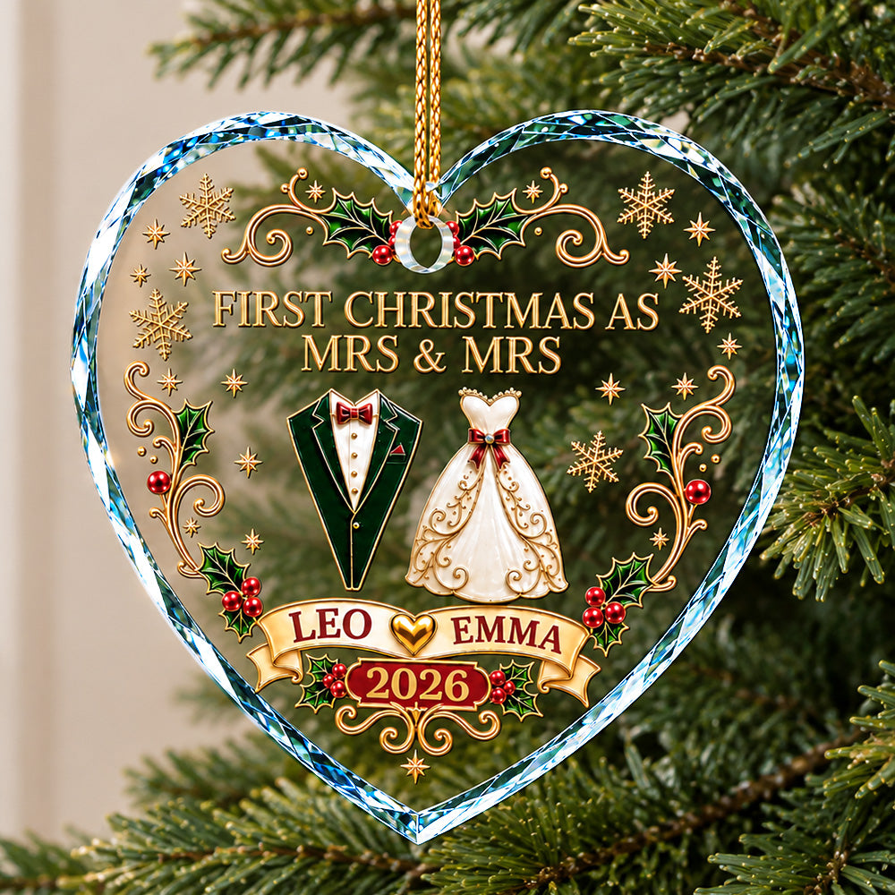 Personalized First Christmas As Mr And Mrs Vintage Heart Glass Ornament Xmas Newlywed Married Couple Gift