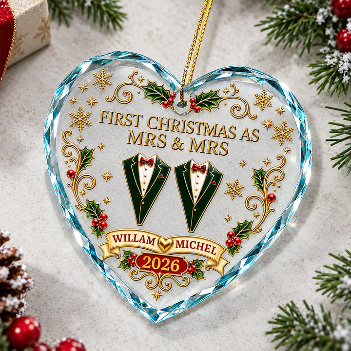 Personalized First Christmas As Mr And Mrs Vintage Heart Glass Ornament Xmas Newlywed Married Couple Gift