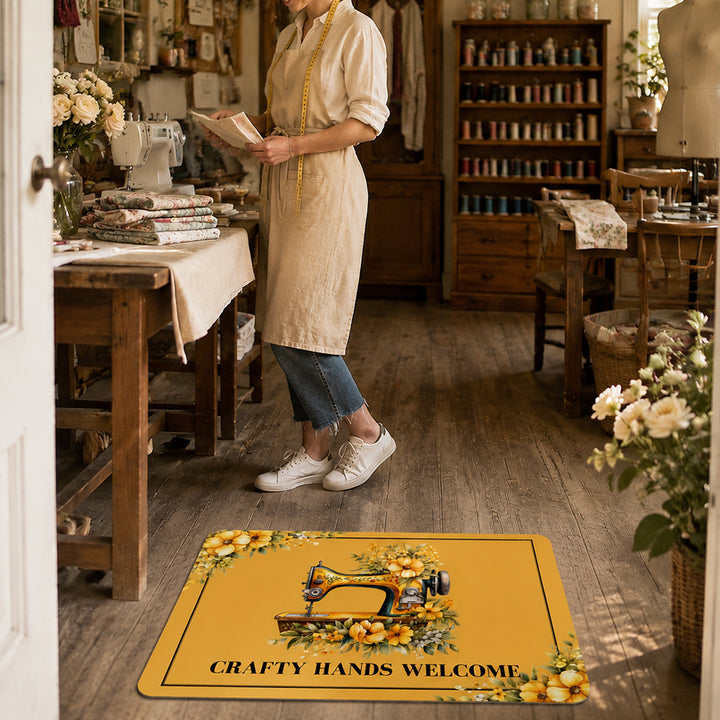 Personalized Floral Sewing Machine Doormat Custom Text Non Slip Floor Mat Tailor Shop Entrance Rug Birthday Housewarming Gift for Sewing Lover