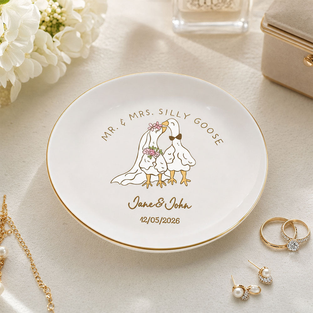 Personalized Goose Couple Ring Dish Custom Name Jewelry Tray Wedding Gift For Couples