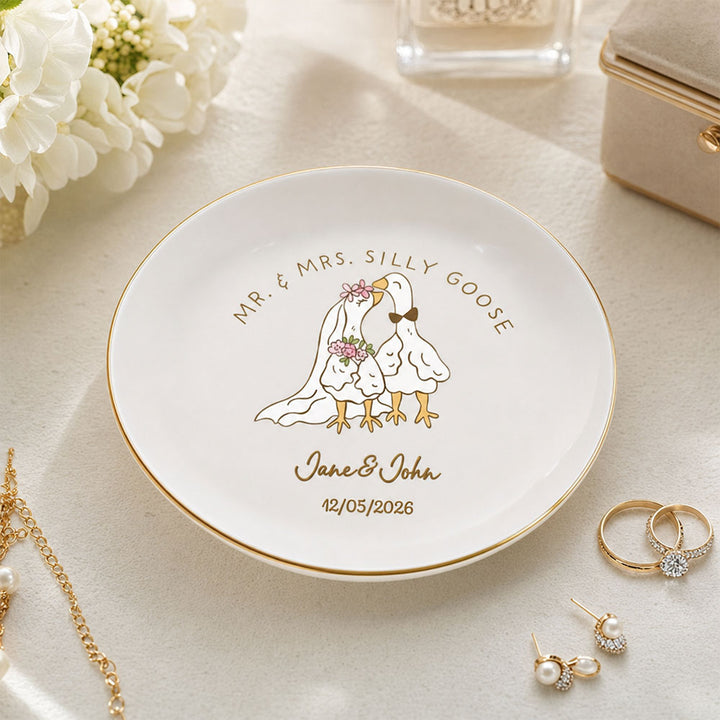 Personalized Goose Couple Ring Dish Custom Name Jewelry Tray Wedding Gift For Couples